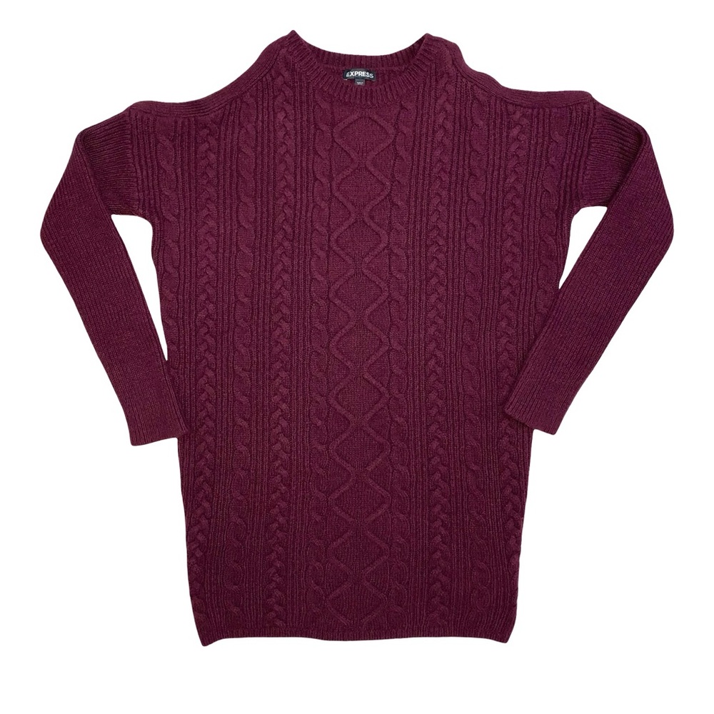 Express Cold Shoulder Cable Knit Sweater Long Sleeves Maroon Wool Autumn Casual